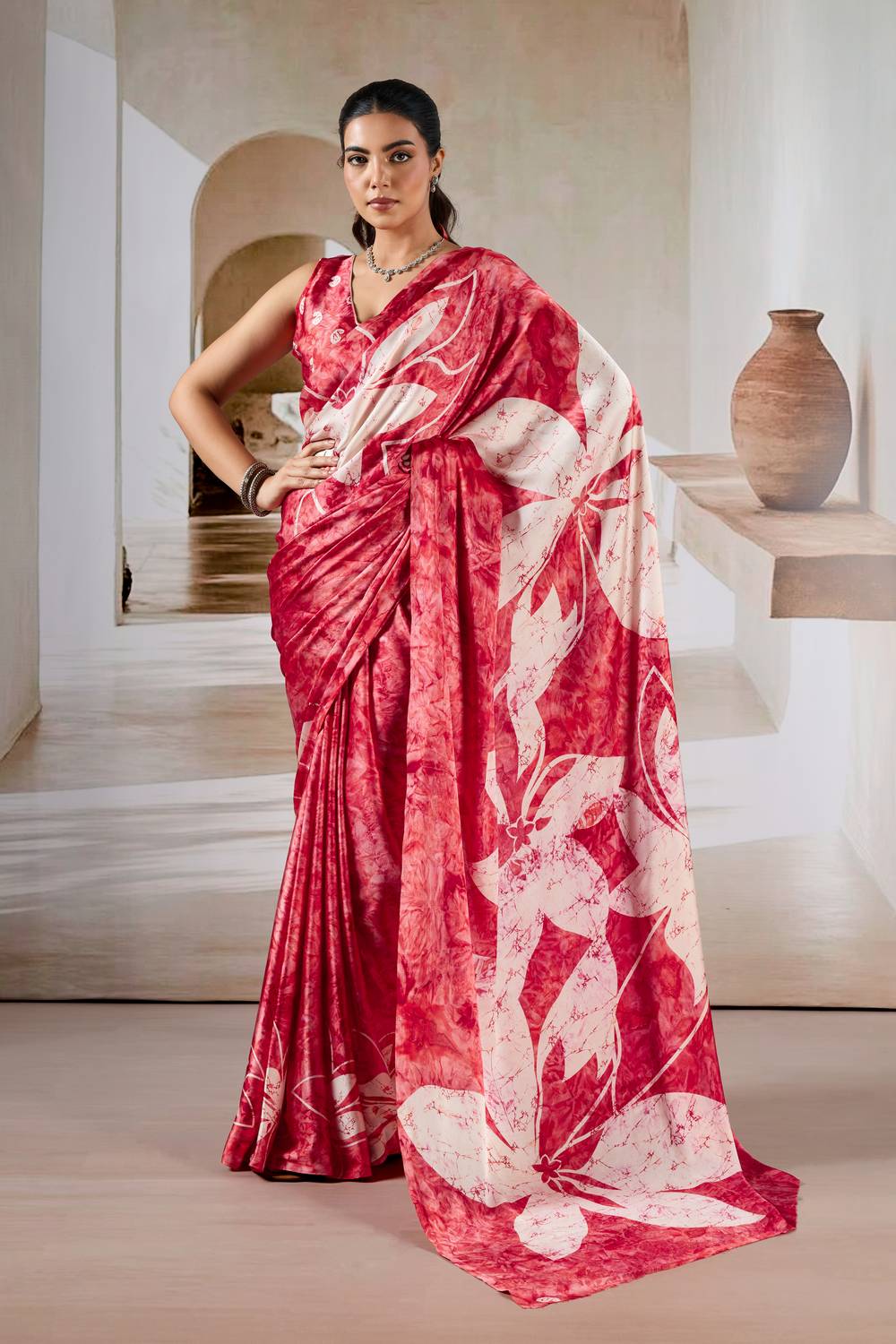 Talia Crimson Red Modal Satin Printed Ready To Wear Saree
