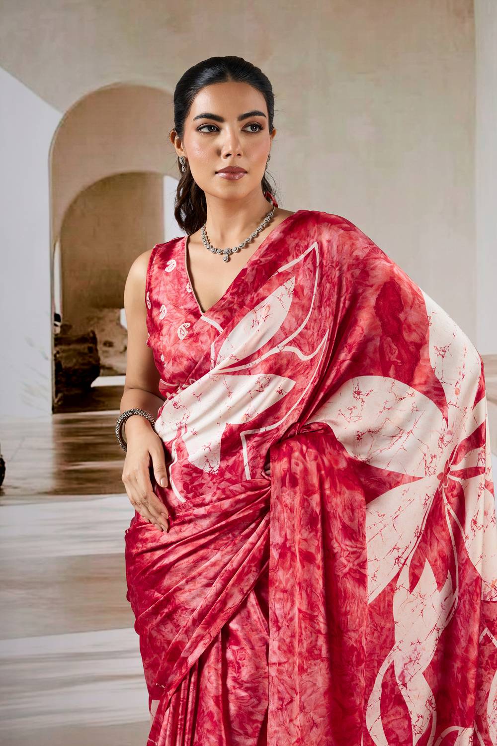 Talia Crimson Red Modal Satin Printed Ready To Wear Saree