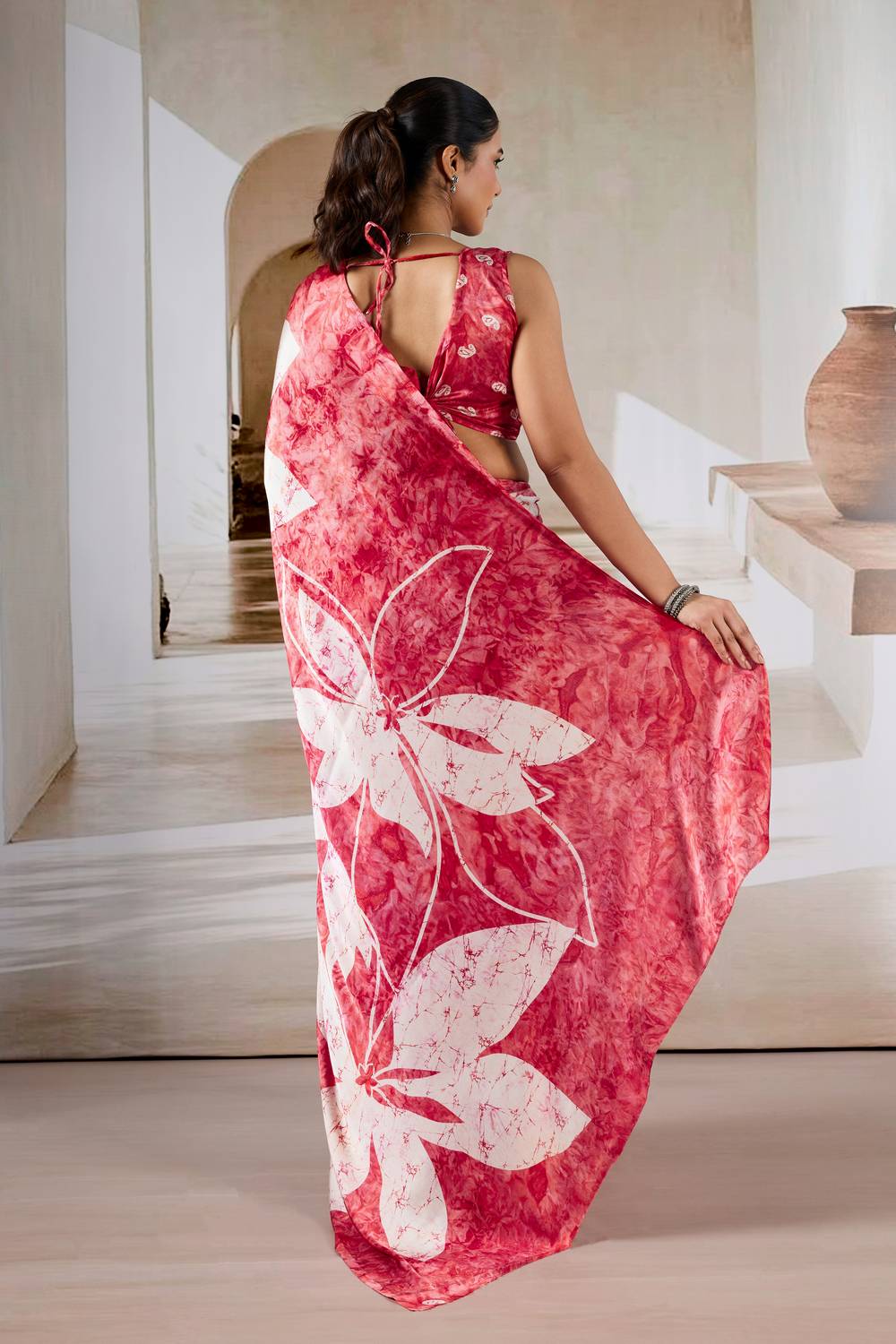 Talia Crimson Red Modal Satin Printed Ready To Wear Saree