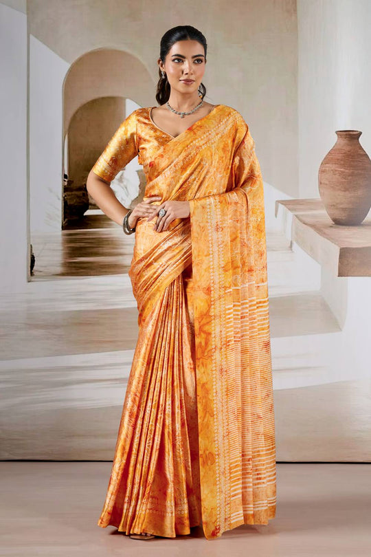 Talia Mustard Yellow Modal Satin Abstract Printed Ready to Wear Saree