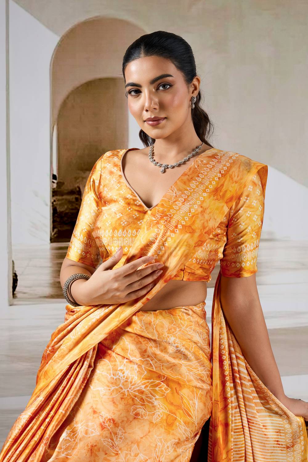 Talia Mustard Yellow Modal Satin Abstract Printed Ready to Wear Saree