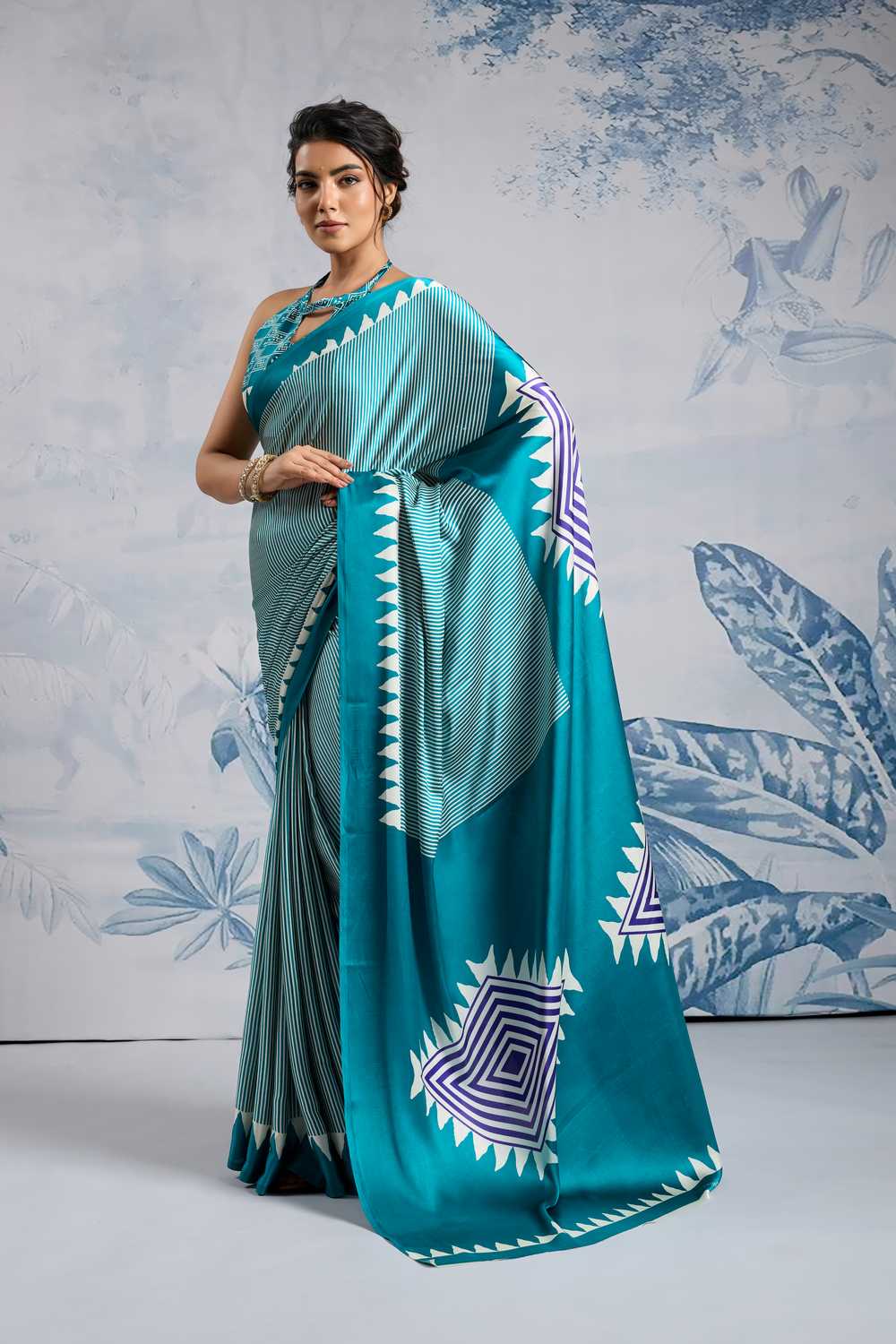 Aiko Teal Ajrakh Print Satin Ready to Wear One Minute Saree