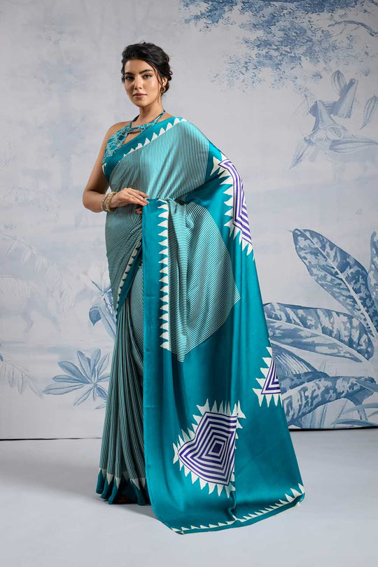 Aiko Teal Ajrakh Print Satin Ready to Wear One Minute Saree