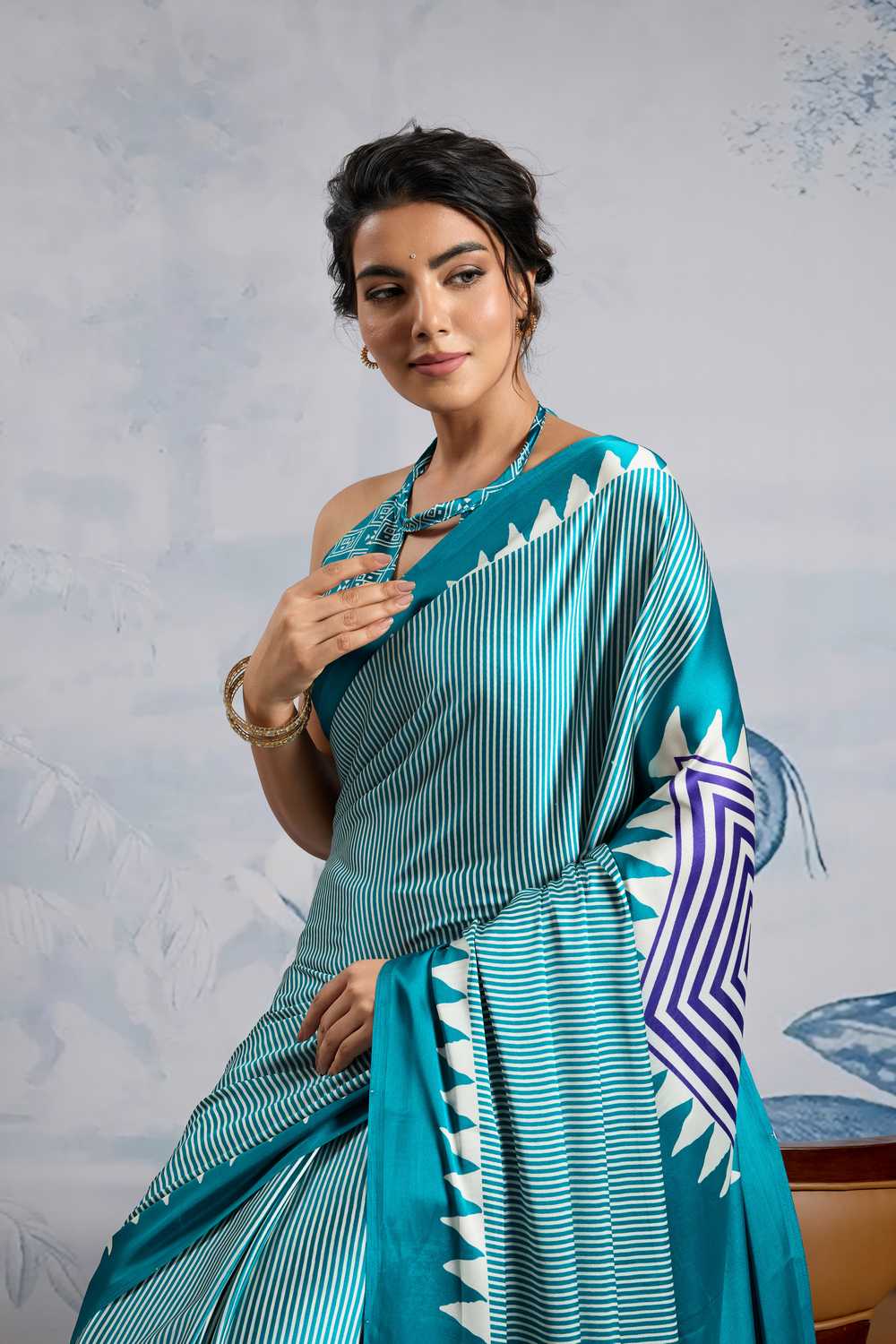 Aiko Teal Ajrakh Print Satin Ready to Wear One Minute Saree