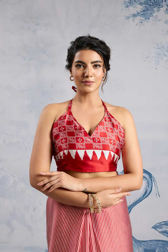 Aiko Red Ajrakh Print Satin Ready to Wear One Minute Saree