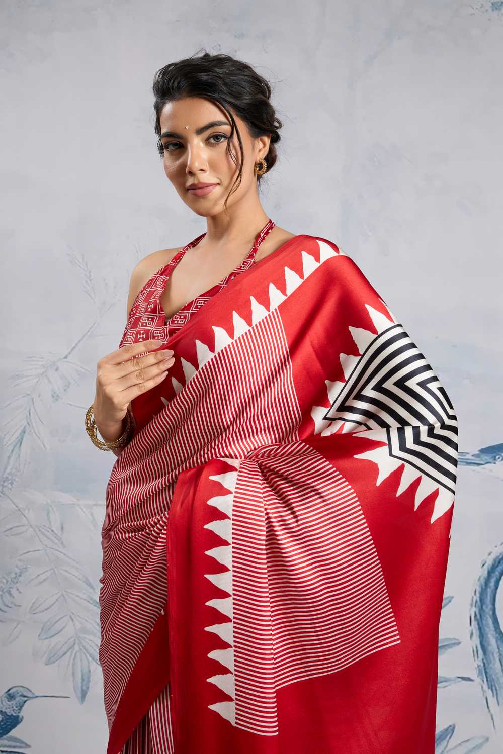 Aiko Red Ajrakh Print Satin Ready to Wear One Minute Saree
