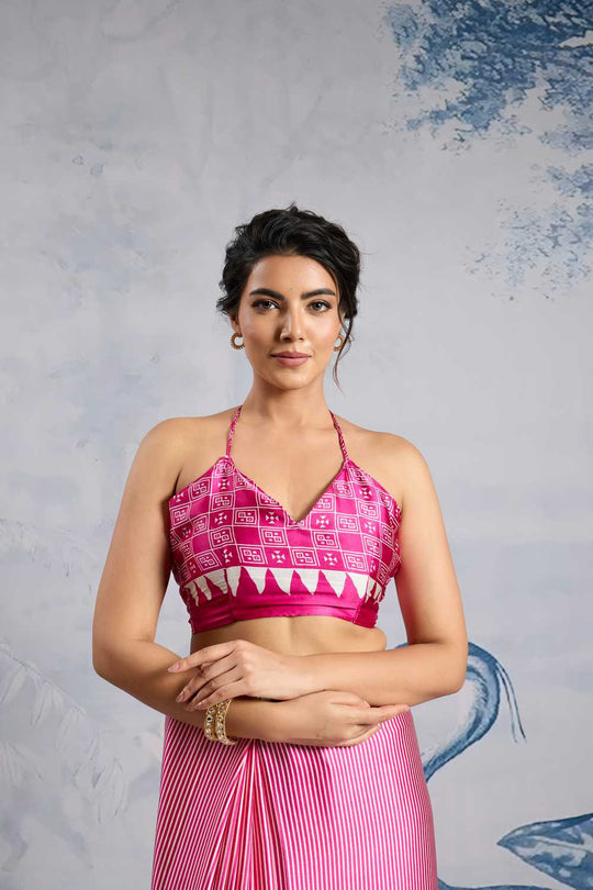 Aiko Pink Ajrakh Print Satin Ready to Wear One Minute Saree