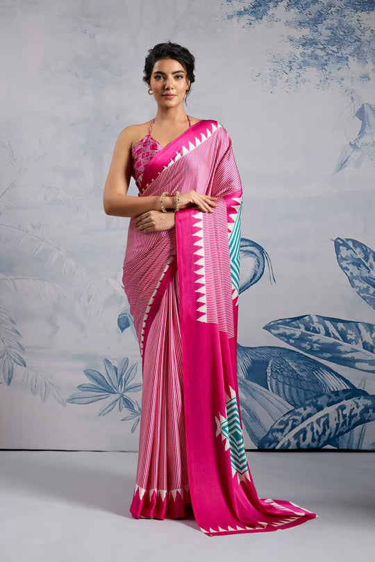 Aiko Pink Ajrakh Print Satin Ready to Wear One Minute Saree