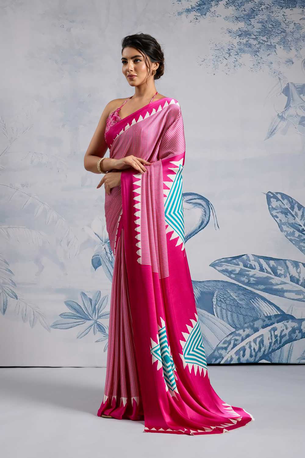 Aiko Pink Ajrakh Print Satin Ready to Wear One Minute Saree