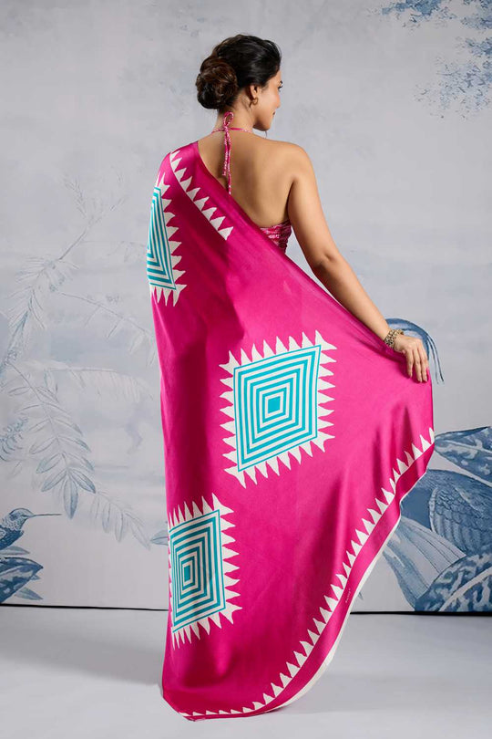 Aiko Pink Ajrakh Print Satin Ready to Wear One Minute Saree