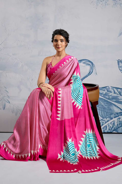 Aiko Pink Ajrakh Print Satin Ready to Wear One Minute Saree