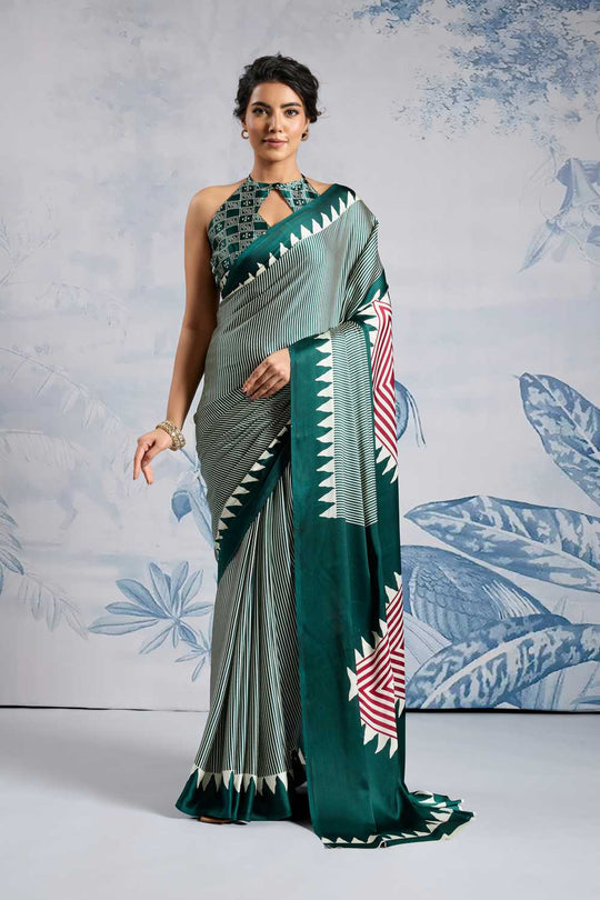 Aiko Dark Green Ajrakh Print Satin Ready to Wear One Minute Saree