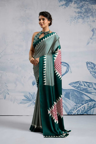 Aiko Dark Green Ajrakh Print Satin Ready to Wear One Minute Saree