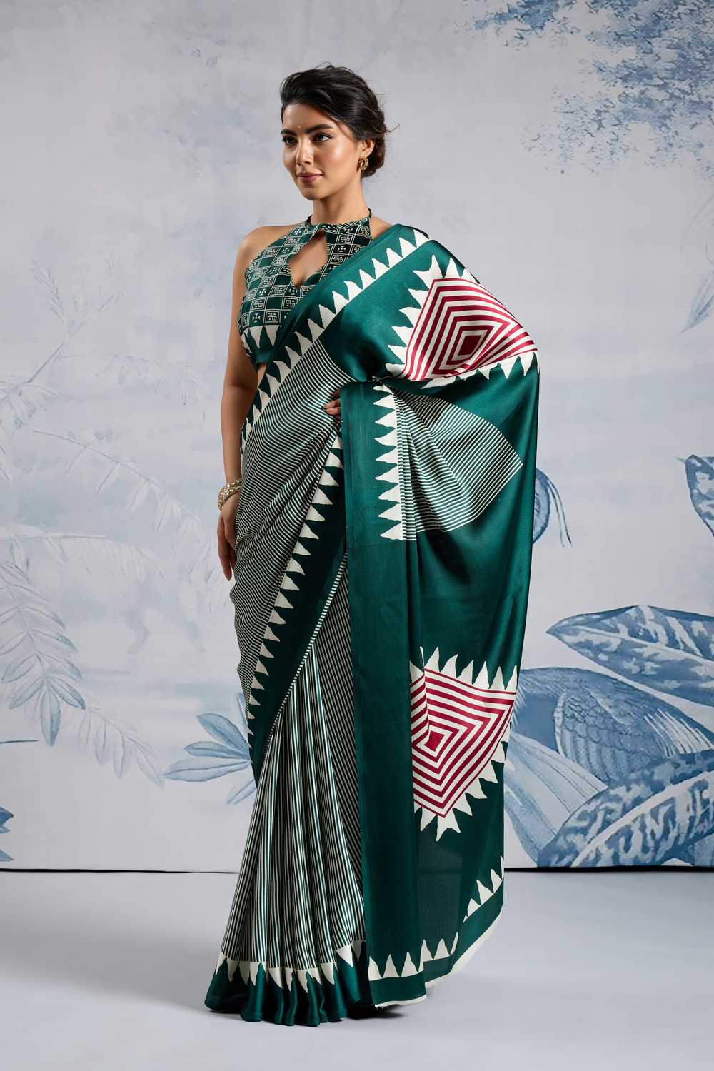 Aiko Dark Green Ajrakh Print Satin Ready to Wear One Minute Saree