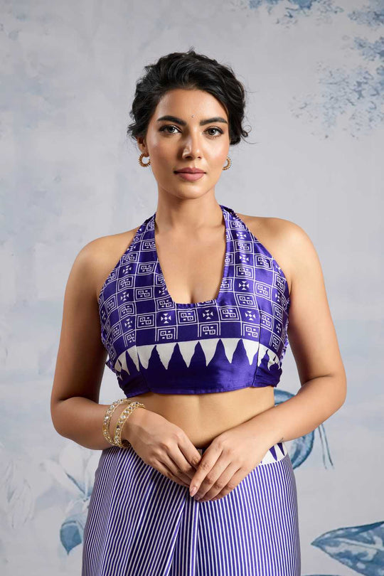 Aiko Royal Blue Ajrakh Print Satin Ready to Wear One Minute Saree