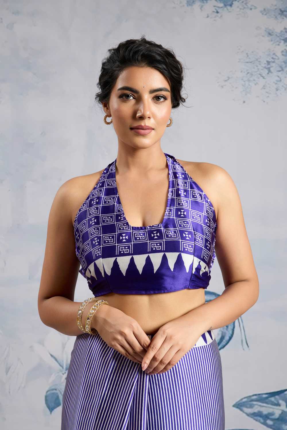 Aiko Royal Blue Ajrakh Print Satin Ready to Wear One Minute Saree