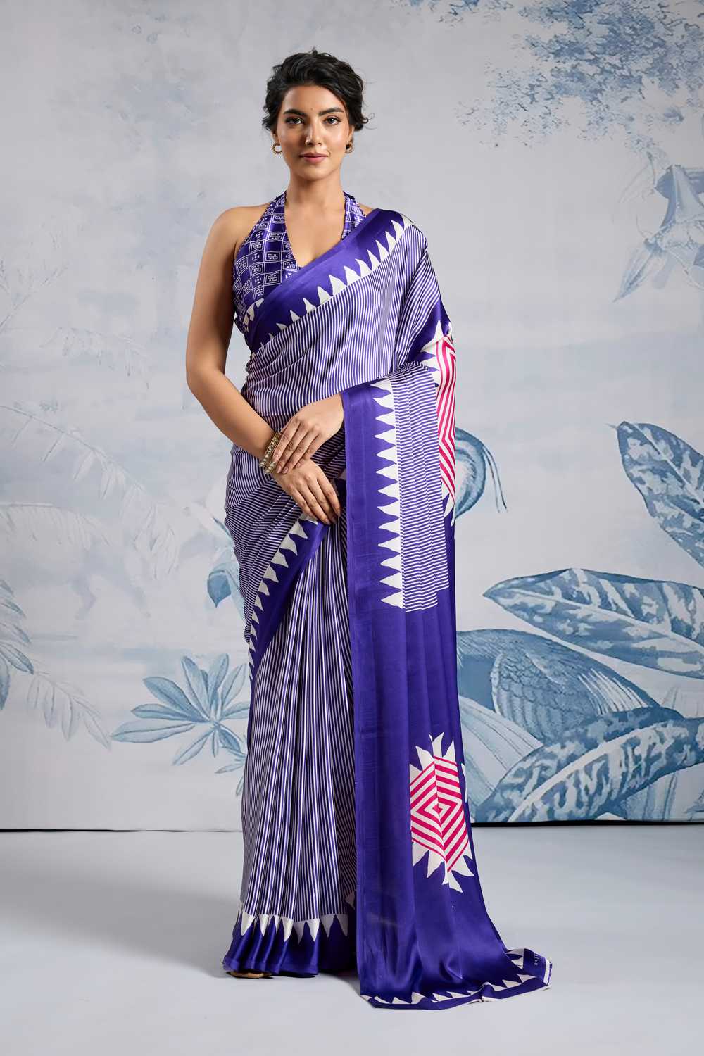 Aiko Royal Blue Ajrakh Print Satin Ready to Wear One Minute Saree