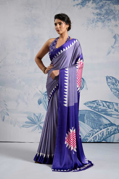 Aiko Royal Blue Ajrakh Print Satin Ready to Wear One Minute Saree