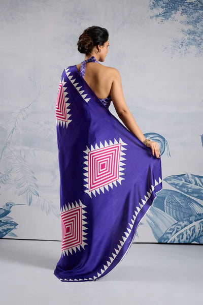 Aiko Royal Blue Ajrakh Print Satin Ready to Wear One Minute Saree