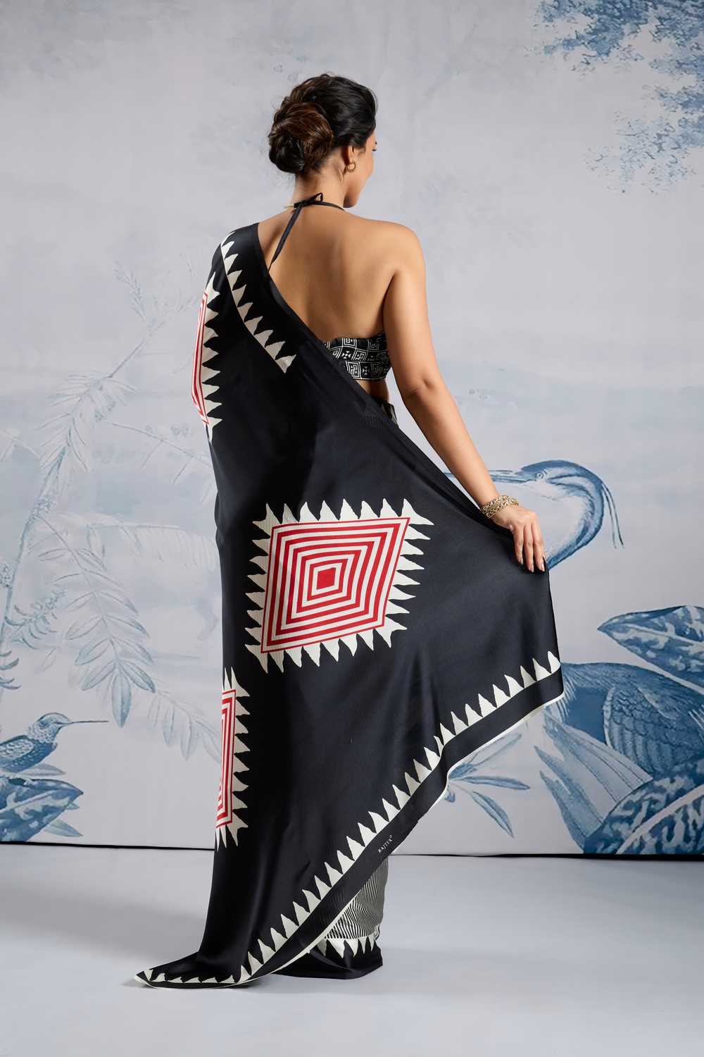 Aiko Black Ajrakh Print Satin Ready to Wear One Minute Saree