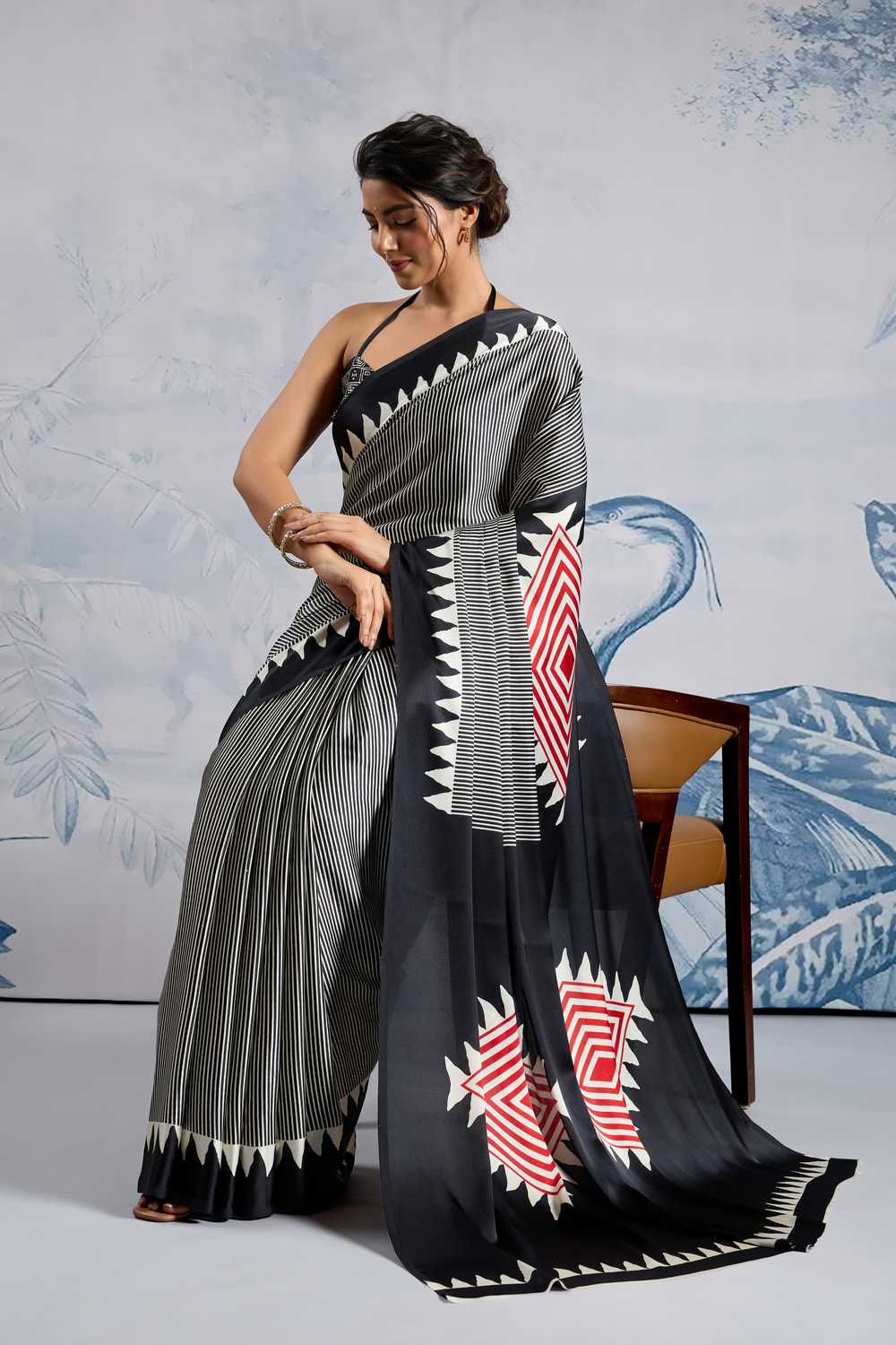 Aiko Black Ajrakh Print Satin Ready to Wear One Minute Saree