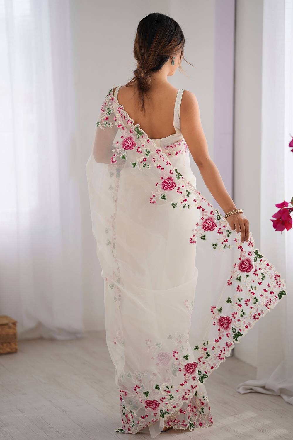 Trina White Twill Net Floral Embroidered Border Ready to Wear One Minute Saree