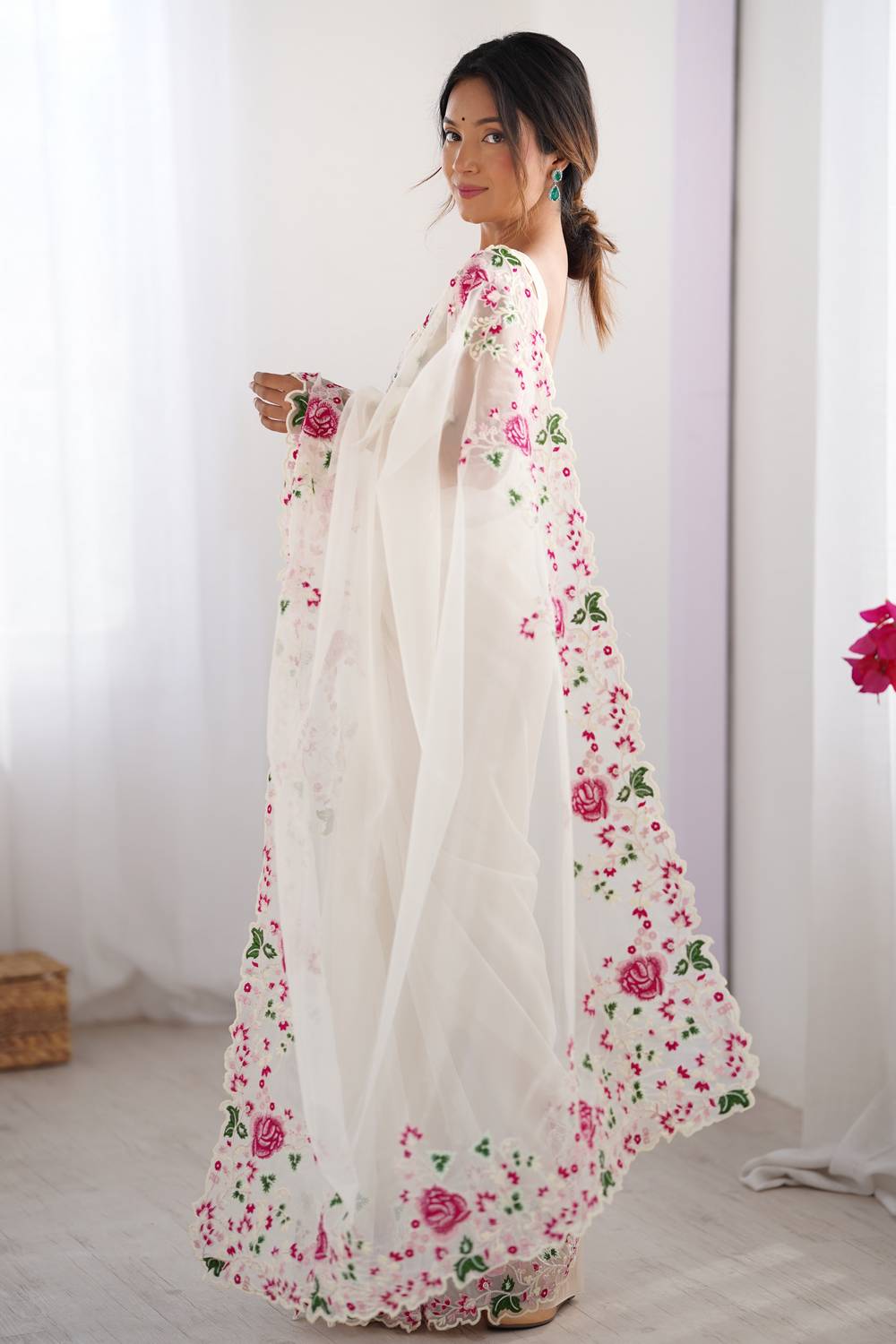 Trina White Twill Net Floral Embroidered Border Ready to Wear One Minute Saree