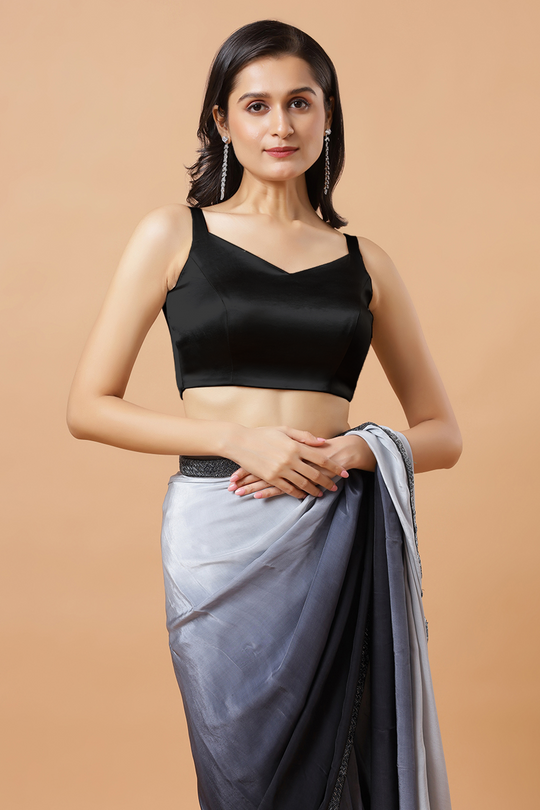 Carly Black Pentagon Neck Sleeveless Satin Stretch Blouse