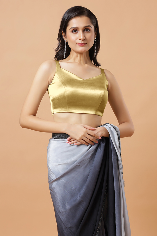 Carly Gold Pentagon Neck Sleeveless Satin Stretch Blouse