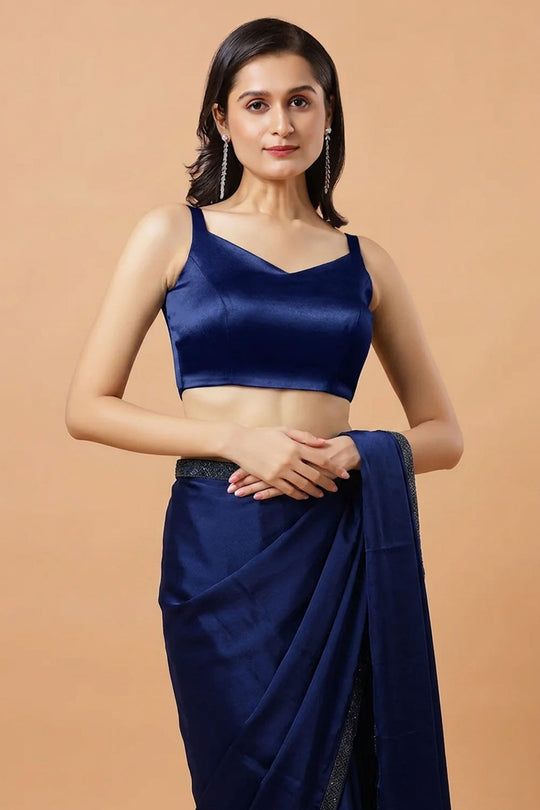 Carly Dark Blue Pentagon Neck Sleeveless Satin Comfort Stretch Blouse