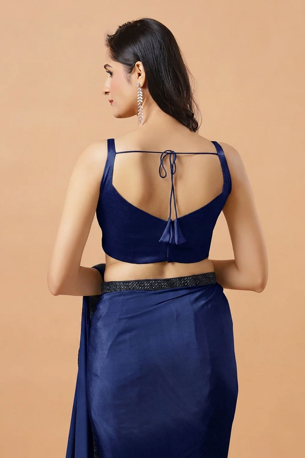 Carly Dark Blue Pentagon Neck Sleeveless Satin Comfort Stretch Blouse