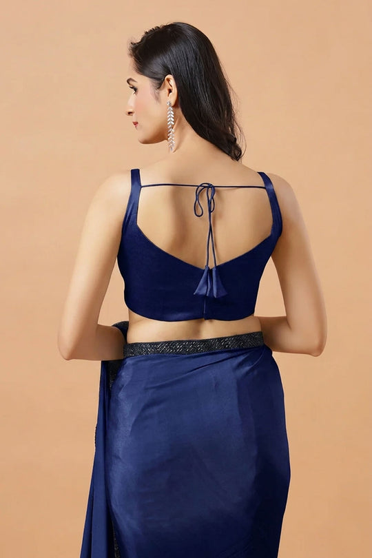 Carly Dark Blue Pentagon Neck Sleeveless Satin Comfort Stretch Blouse