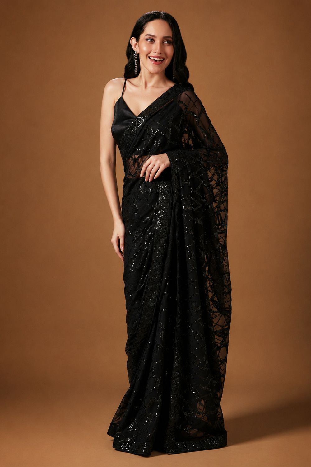 Sabina Black Georgette Thread & Sequins Work Ready to Wear Online Saree