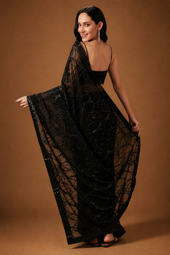 Sabina Black Georgette Thread &amp; Sequins Work Ready to Wear Saree