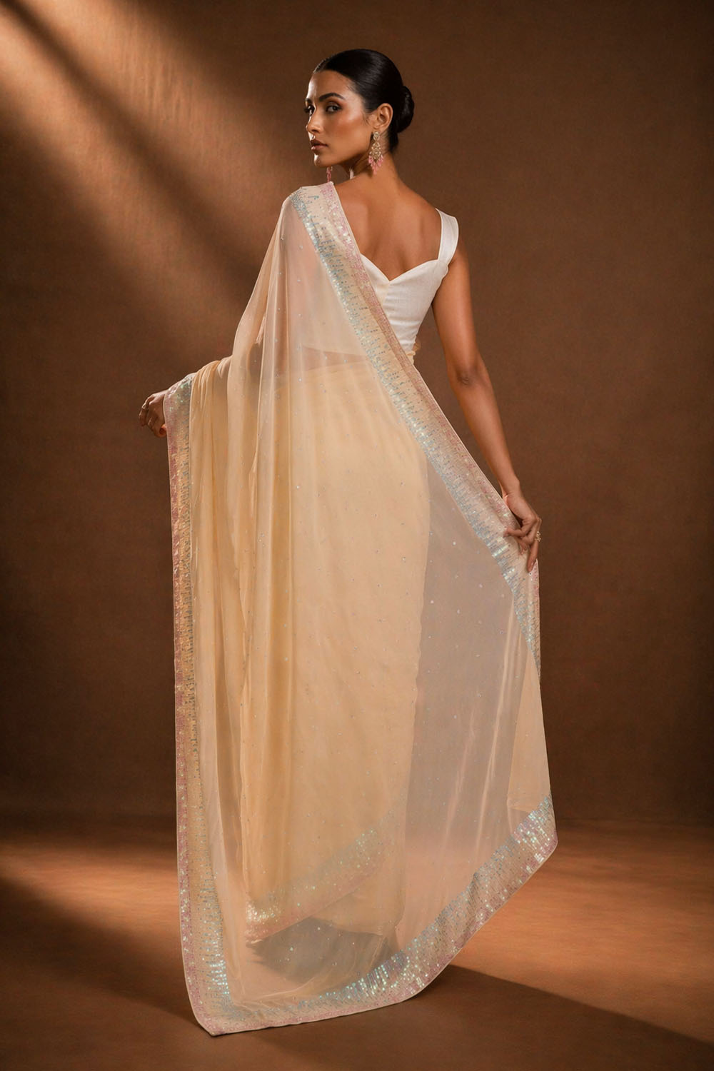 Mindy Beige Designer Sequin Embroidered Georgette Ready to Wear Saree