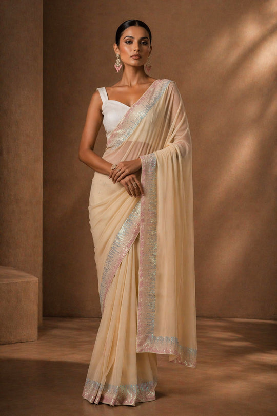 Mindy Beige Designer Sequin Embroidered Georgette Ready to Wear Saree