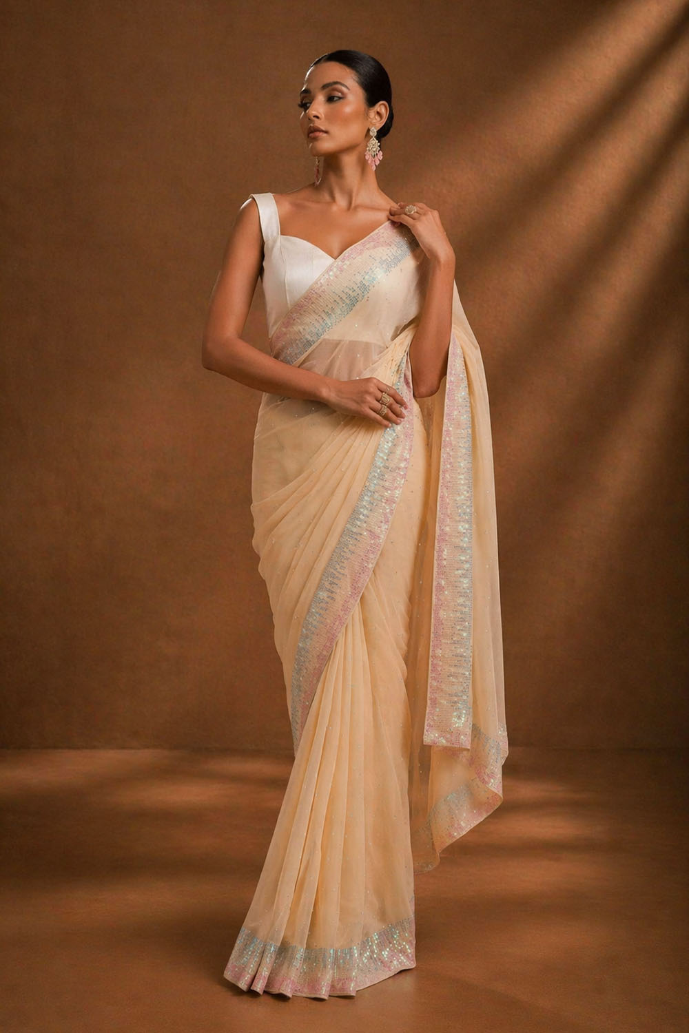 Mindy Beige Designer Sequin Embroidered Georgette Ready to Wear Saree