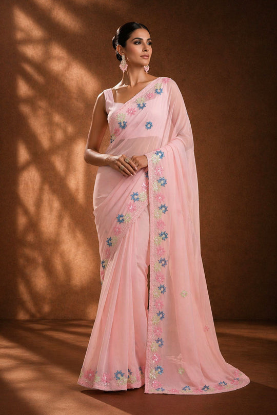 Peony Pink Designer Sequin Embroidered Georgette Ready to Wear Saree