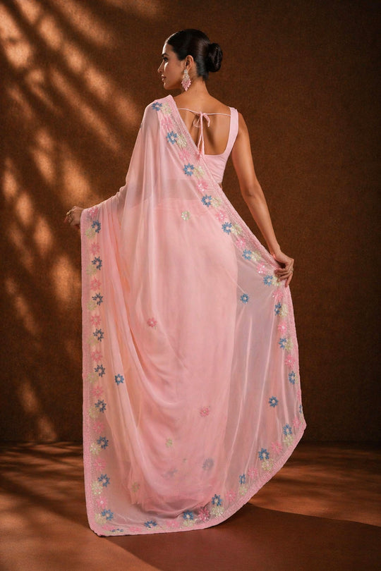 Peony Pink Designer Sequin Embroidered Georgette Ready to Wear Saree