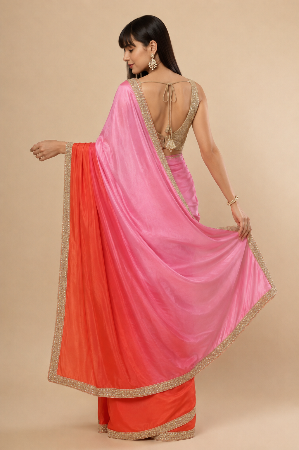 Chandini Pink &amp; Orange Ombre Silk With Gold Sequins Border One Minute Saree