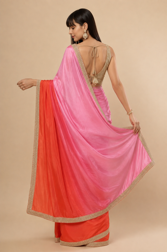 Chandini Pink &amp; Orange Ombre Silk With Gold Sequins Border One Minute Saree