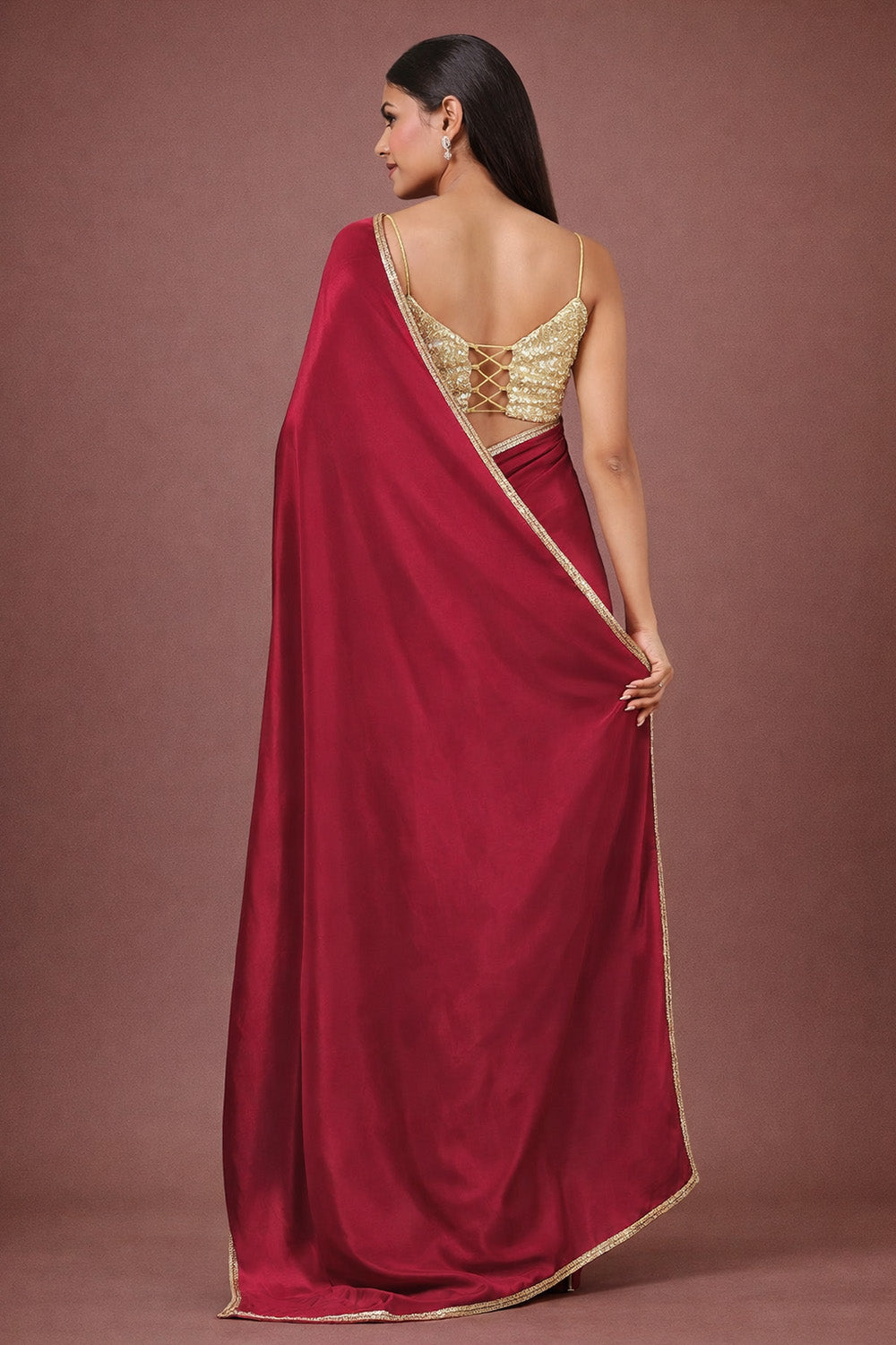 Riva Red Soft Crepe Silk Saree with Embellished border Ready to Wear Saree