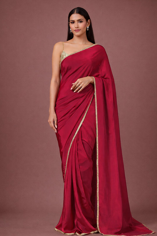 Riva Red Soft Crepe Silk Saree with Embellished border Ready to Wear Saree