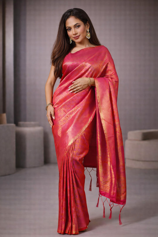 Kumbhi Pink Handloom Weaving Silk One Minute Saree