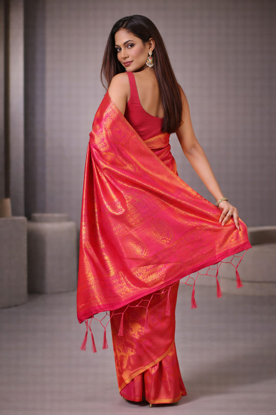 Kumbhi Pink Handloom Weaving Silk One Minute Saree