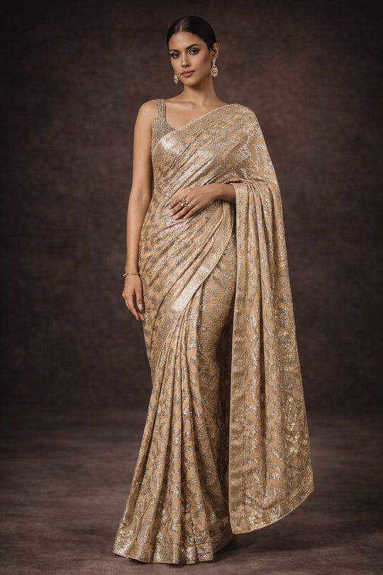 Mahika Beige Georgette Abstract Pattern Sequinned Ready To Wear One Minute Saree