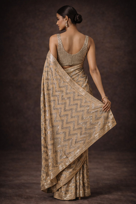 Mahika Beige Georgette Abstract Pattern Sequinned Ready To Wear One Minute Saree