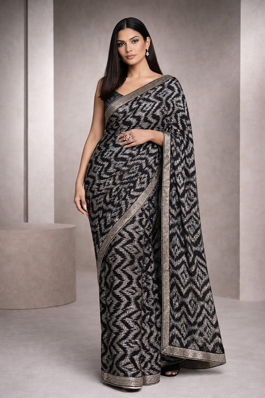 Ishana Black Georgette Abstract Pattern Sequinned Ready To Wear One Minute Saree