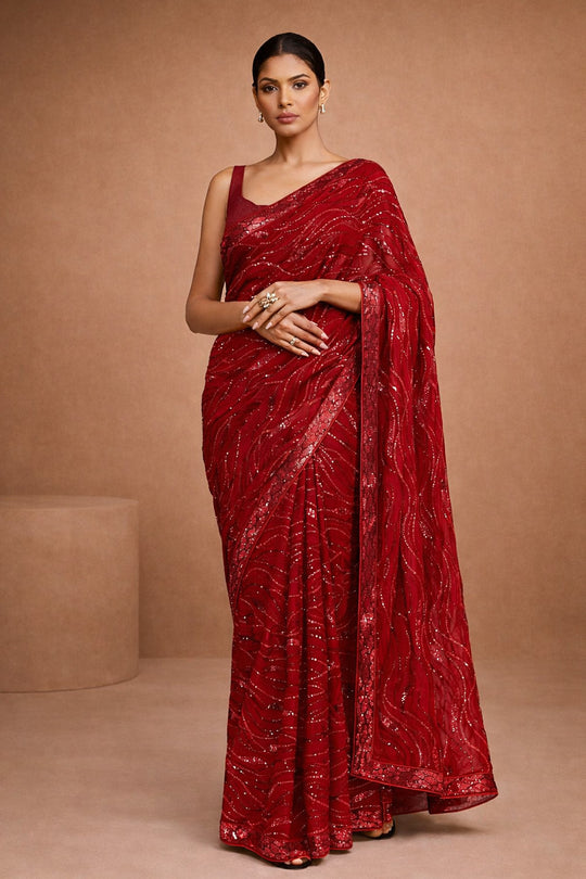 Mana Red Georgette Sequin Ready To Wear One Minute Saree
