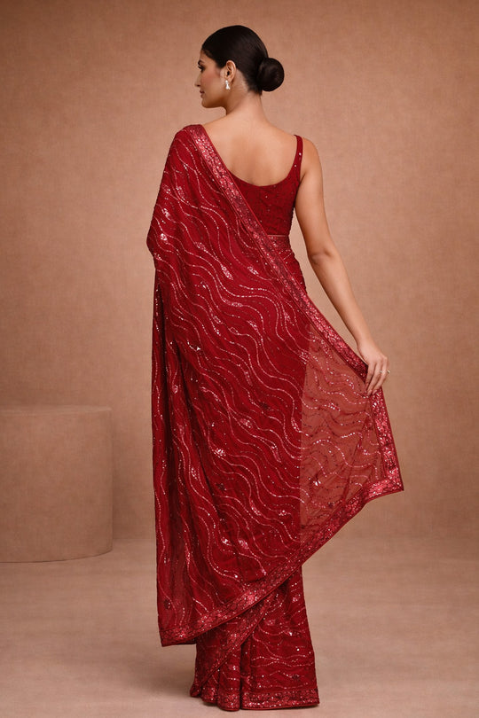 Mana Red Georgette Sequin Ready To Wear One Minute Saree